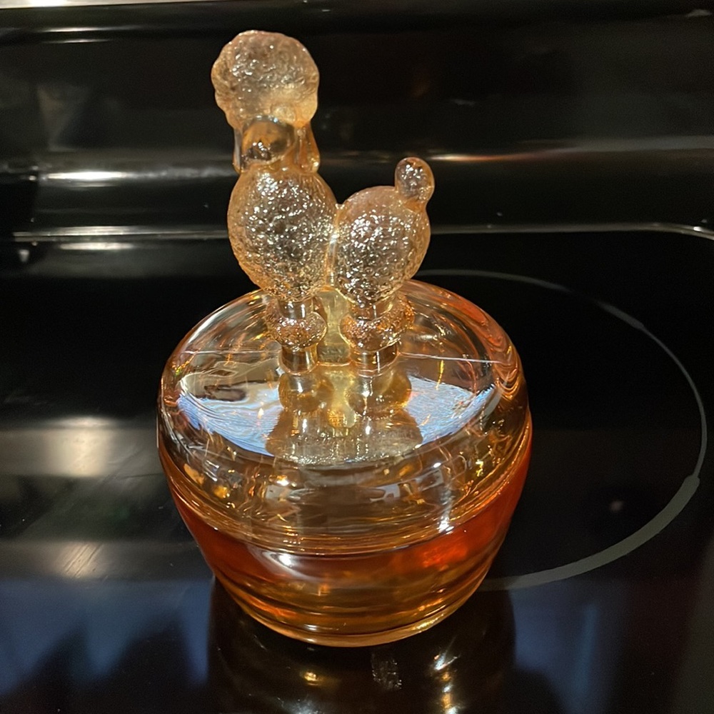Vintage Jeannette Marigold Carnival Glass Poodle Dog Lid Covered Powder Jar